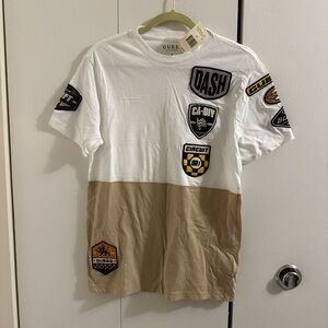 GUESS Men's White and Tan Patchwork T-Shirt